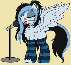 Size: 964x888 | Tagged: safe, artist:rosefang16, oc, oc only, oc:grace, pegasus, pony, chest fluff, clothes, collar, ear fluff, ear piercing, earring, eyes closed, eyeshadow, female, jewelry, lip piercing, makeup, mare, microphone, multicolored hair, nose piercing, nose ring, open mouth, piercing, simple background, singing, socks, solo, spiked collar, spread wings, striped socks, torn clothes, wing fluff, wings, yellow background
