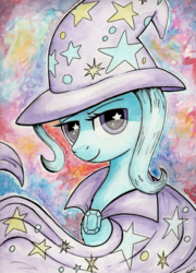 Size: 2077x2886 | Tagged: safe, artist:nokills-clan196, trixie, pony, unicorn, g4, abstract background, cape, clothes, female, hat, high res, mare, smiling, solo, starry eyes, traditional art, trixie's cape, trixie's hat, watercolor painting, wingding eyes