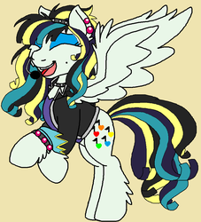 Size: 828x912 | Tagged: safe, artist:rosefang16, oc, oc only, oc:chickadee, pegasus, pony, choker, clothes, ear piercing, earring, eyeshadow, female, headband, headset, jacket, jewelry, leather jacket, leg fluff, makeup, mare, microphone, open mouth, piercing, shirt, simple background, solo, spiked choker, t-shirt, wing fluff, yellow background