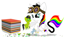 Size: 1191x670 | Tagged: safe, artist:lister-of-smeg, oc, oc only, oc:lightning bliss, oc:robin, alicorn, pony, book, cute, female, filly, goggles, ocbetes, pointy ponies, scissors, simple background, toy, transparent background