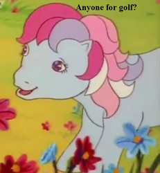 Size: 444x480 | Tagged: safe, edit, edited screencap, editor:korora, screencap, sweet stuff, g1, my little pony 'n friends, the magic coins, bronybait, cropped, cute, dialogue, flower, golf, sports, sweet sweet stuff