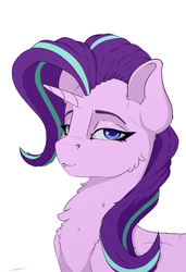 Size: 2600x3800 | Tagged: safe, artist:skitsroom, starlight glimmer, pony, unicorn, g4, bust, cheek fluff, chest fluff, ear fluff, female, fluffy, high res, horn, lidded eyes, looking at you, mare, neck fluff, portrait, shoulder fluff, simple background, small horn, smiling, smirk, smug, solo, updated, white background