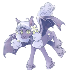 Size: 1013x1067 | Tagged: safe, artist:amphoera, oc, oc only, oc:nocturne keys, bat pony, pony, bat pony oc, beanbrows, cutie mark, dancing, eyebrows, flower, flower in hair, simple background, slit pupils, smiling, solo, spread wings, unshorn fetlocks, white background, wings