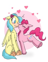 Size: 1694x2182 | Tagged: safe, artist:princessmuffinart, pinkie pie, princess skystar, earth pony, hippogriff, pony, g4, my little pony: the movie, blushing, cute, diapinkes, female, heart, kissing, lesbian, ship:skypie, shipping