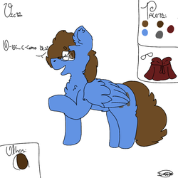 Size: 1000x1000 | Tagged: source needed, safe, artist:suggarkubby, oc, oc only, oc:vito, pegasus, pony, chest fluff, clothes, color palette, cutie mark, dialogue, ear fluff, fluffy, glasses, hoodie, looking back, male, portuguese, reference sheet, signature, simple background, solo, stallion, stuttering, wings