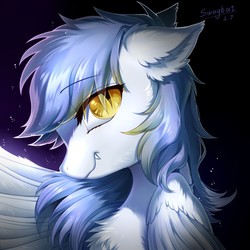 Size: 1280x1280 | Tagged: safe, artist:swaybat, oc, oc only, oc:gabriel, bat pony, hybrid, pegasus, pony, black background, bust, chest fluff, ear fluff, eye clipping through hair, fangs, looking at you, portrait, signature, simple background, slit pupils, smiling, solo, spread wings, wings