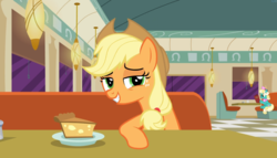 Size: 1637x938 | Tagged: safe, screencap, applejack, honey curls, mare e. lynn, earth pony, pony, g4, the saddle row review, apple, apple pie, diner, female, food, lidded eyes, mare, pie, smiling