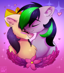 Size: 3231x3651 | Tagged: safe, artist:airfly-pony, oc, oc only, oc:nighty, oc:radiant light, pony, rcf community, bow, bust, cute, ear fluff, eyes closed, female, flower, heart, high res, holiday, male, portrait, shipping, smiling, sparks, valentine's day