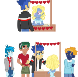 Size: 3472x3430 | Tagged: safe, artist:lavander doodles, flash sentry, thunderbass, timber spruce, oc, oc:azure/sapphire, oc:night archive, equestria girls, g4, camp everfree outfits, crossdressing, femboy, gay, hearts and hooves day, high res, holiday, kissing, kissing booth, male, valentine's day