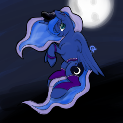 Size: 3000x3000 | Tagged: safe, artist:luxsimx, princess luna, alicorn, pony, g4, clothes, digital art, ethereal mane, female, flying, full moon, high res, moon, moonbutt, socks, solo, wings