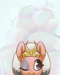 Size: 1302x1616 | Tagged: safe, artist:mirroredsea, somnambula, pegasus, pony, g4, abstract background, c:, cloud, cut, cute, female, head, head only, mare, one eye closed, peeking, smiling, solo, somnambetes, wink