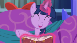 Size: 1660x937 | Tagged: safe, screencap, twilight sparkle, alicorn, pony, a hearth's warming tail, g4, book, cute, female, glowing horn, happy, horn, levitation, magic, mare, open mouth, singing, smiling, solo, telekinesis, twiabetes, twilight sparkle (alicorn)