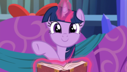 Size: 1665x936 | Tagged: safe, screencap, twilight sparkle, alicorn, pony, a hearth's warming tail, g4, behaving like pinkie pie, book, c:, cute, discovery family logo, eyes open, female, glowing horn, happy, horn, levitation, looking at you, magic, mare, smiling, solo, telekinesis, twiabetes, twilight sparkle (alicorn)