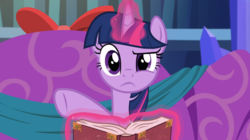 Size: 1662x934 | Tagged: safe, screencap, twilight sparkle, alicorn, pony, a hearth's warming tail, g4, book, confused, female, glowing horn, horn, levitation, looking at you, magic, mare, raised eyebrow, solo, telekinesis, twilight sparkle (alicorn)