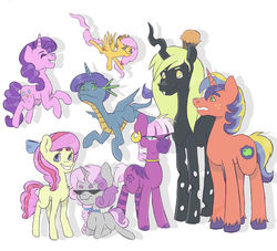 Size: 1024x928 | Tagged: safe, artist:mantisoverlord, applejack, big macintosh, cheerilee, derpy hooves, diamond tiara, fluttershy, night light, pinkie pie, queen chrysalis, rarity, scootaloo, shining armor, silver spoon, spike, sweetie belle, zecora, changeling, dragon, hybrid, pony, zebra, g4, bow, commission, commissioner:bigonionbean, cowboy hat, cute, food, funny, fusion, glasses, hat, muffin, relaxing, stetson