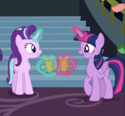 Size: 914x851 | Tagged: safe, screencap, starlight glimmer, twilight sparkle, alicorn, pony, unicorn, a hearth's warming tail, g4, cider, cropped, cup, cute, female, glimmerbetes, glowing horn, happy, horn, levitation, looking at each other, magic, mare, open mouth, raised hoof, smiling, stairs, tankard, telekinesis, twiabetes, twilight sparkle (alicorn)