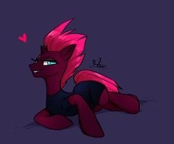 Size: 1150x952 | Tagged: dead source, safe, artist:and-so-what, tempest shadow, pony, unicorn, g4, broken horn, clothes, colored pupils, cute, female, heart, horn, mare, purple background, simple background, solo, tempestbetes