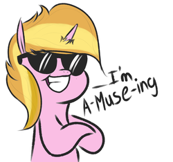 Size: 800x750 | Tagged: safe, artist:ponetistic, oc, oc only, oc:muse, pony, crossed hooves, pun, smug, sunglasses, wordplay