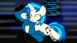 Size: 3840x2160 | Tagged: safe, artist:agkandphotomaker2000, dj pon-3, vinyl scratch, oc, oc:pony video maker, pony, g4, canon x oc, duo, high res, love, movement, still frame, tackle hug, videoscratch