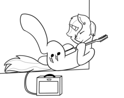 Size: 1112x883 | Tagged: safe, artist:sketchlines, oc, oc only, pony, unicorn, ear piercing, earring, eyes closed, guitar, guitar amp, jewelry, lineart, lying down, piercing, simple background, solo, white background