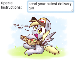 Size: 2560x2048 | Tagged: safe, artist:sugar morning, derpibooru exclusive, derpy hooves, pegasus, pony, g4, clothes, cute, daaaaaaaaaaaw, delivery, derpabetes, dialogue, featured image, female, food, grass, happy, hat, high res, hnnng, holding, hoof hold, mailmare uniform, mare, meme, open mouth, pizza, pizza box, pizza time, shirt, simple background, sitting, smiling, solo, spread wings, weapons-grade cute, white background, wings