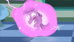Size: 1669x940 | Tagged: safe, screencap, twilight sparkle, pony, g4, the cutie mark chronicles, cropped, female, filly, filly twilight sparkle, glowing eyes, glowing horn, horn, magic, magic aura, open mouth, sparkles, struggling, younger