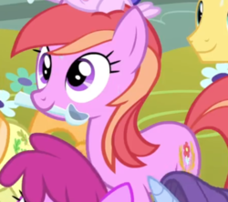 Size: 1009x897 | Tagged: safe, screencap, autumn fields, berry punch, berryshine, blooming harvest, junebug, november rain, plumberry, warm front, earth pony, pony, g4, interseason shorts, sundae sundae sundae, background pony, female, friendship student, mare, mouth hold, offscreen character, smiling, solo focus, spoon