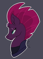 Size: 1008x1392 | Tagged: safe, artist:atomic-juice, tempest shadow, pony, g4, broken horn, bust, colored pupils, eye scar, female, gray background, horn, portrait, profile, scar, simple background, solo
