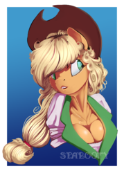 Size: 880x1228 | Tagged: safe, artist:spaboofy, applejack, earth pony, anthro, g4, breasts, bust, busty applejack, cleavage, female, gradient background, looking at you, solo