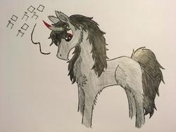 Size: 789x592 | Tagged: safe, artist:ice-star-pony, king sombra, pony, unicorn, g4, alternate hairstyle, alternate universe, behaving like a cat, chest fluff, curved horn, dialogue, ear fluff, fanfic, fanfic art, fluffy, headcanon, horn, japanese, katakana, male, messy mane, missing accessory, paper, purring, red eyes, solo, speech bubble, traditional art