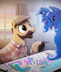 Size: 3000x3567 | Tagged: safe, artist:selenophile, princess celestia, princess luna, oc, oc:tony fleecs, pony, g4, clothes, cute, drawing, hat, high res, looking at each other, pencil