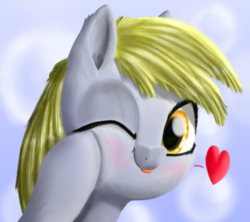 Size: 898x798 | Tagged: safe, artist:nuxersopus, derpy hooves, pony, g4, :p, blushing, bubble, female, heart, silly, solo, tongue out