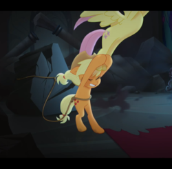 Size: 957x936 | Tagged: safe, screencap, applejack, fluttershy, earth pony, pegasus, pony, g4, my little pony: the movie, bipedal, cropped, eyes closed, female, gritted teeth, holding, holding on, mare