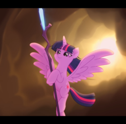 Size: 950x936 | Tagged: safe, screencap, twilight sparkle, alicorn, pony, g4, my little pony: the movie, cropped, female, flying, lidded eyes, messy mane, smiling, solo, spread wings, staff, staff of sacanas, sun, twilight sparkle (alicorn), wings