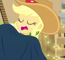 Size: 800x736 | Tagged: safe, screencap, applejack, equestria girls, equestria girls series, five to nine, g4, animated, blanket, cowboy hat, cropped, cute, eyes closed, female, gif, guitar, hat, jackabetes, open mouth, sleeping, snuggling, solo