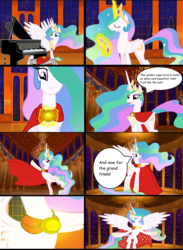 Size: 2864x3904 | Tagged: safe, artist:disneymarvel96, princess celestia, alicorn, pony, g4, ballroom, beauty and the beast, brooch, cape, clasp, clothes, comic, disney, female, flying, glowing, high res, mare, musical instrument, piano, silly, silly pony, sparkly