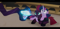 Size: 1920x938 | Tagged: safe, screencap, tempest shadow, twilight sparkle, alicorn, pony, unicorn, g4, my little pony: the movie, attempted murder, broken horn, duo, eye scar, female, floppy ears, horn, lying down, mare, scar, scared, staff, staff of sacanas, twilight sparkle (alicorn), wide eyes