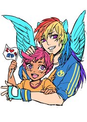 Size: 724x1024 | Tagged: safe, artist:unf720gou, rainbow dash, scootaloo, human, clothes, eared humanization, female, flag, hug, humanized, open mouth, scootalove, shirt, simple background, smiling, white background, winged humanization, wings, wristband