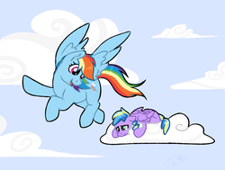Size: 925x700 | Tagged: safe, artist:ruushiicz, rainbow dash, oc, oc:rumpletiny, pegasus, pony, g4, cloud, female, filly, flying lesson, magical lesbian spawn, mare, mother and daughter, offspring, parent:applejack, parent:rainbow dash, parents:appledash, scared, sky, story included