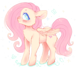Size: 1280x1115 | Tagged: safe, artist:bunnini, fluttershy, butterfly, pegasus, pony, g4, blushing, butt fluff, cheek fluff, chest fluff, colored pupils, cute, ear fluff, female, leg fluff, mare, shyabetes, simple background, solo, transparent background