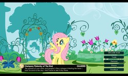 Size: 1280x768 | Tagged: safe, fluttershy, pegasus, pony, g4, civilization, civilization v, dissonant caption, female, flower, garden, grimcute, happy, looking back, mare, nuclear gandhi, open mouth, smiling, spread wings, text, this will end in death, this will end in tears, this will end in tears and/or death, wings