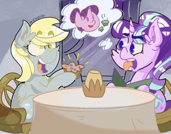 Size: 1280x1006 | Tagged: safe, artist:mewy101, derpy hooves, starlight glimmer, sugar belle, pegasus, pony, unicorn, g4, cheek fluff, colored pupils, duo, ear fluff, female, food, mare, muffin, open mouth, s5 starlight, sitting, that pony sure does love muffins, thought bubble, tongue out