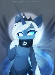 Size: 1692x2310 | Tagged: safe, artist:magnaluna, princess luna, alicorn, pony, g4, bipedal, chest fluff, collar, crown, female, glowing eyes, horn, jewelry, mare, regalia, solo, spread wings, wings