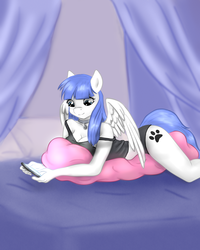 Size: 2000x2500 | Tagged: safe, alternate version, artist:jerraldina, oc, oc only, oc:snow pup, pegasus, anthro, beanbag chair, female, high res, multiple variants, solo, texting, wings