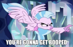 Size: 600x386 | Tagged: safe, edit, edited screencap, editor:twilyisbestpone, screencap, silverstream, classical hippogriff, hippogriff, g4, season 8, what lies beneath, angry, beak, caption, eyelashes, female, flying, image macro, imminent boop, impact font, narrowed eyes, pointing, school of friendship, solo, spread wings, text, threat, wings
