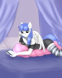 Size: 2000x2500 | Tagged: safe, alternate version, artist:jerraldina, oc, oc only, oc:snow pup, pegasus, anthro, beanbag chair, clothes, female, high res, multiple variants, socks, solo, striped socks, texting, thigh highs, wings