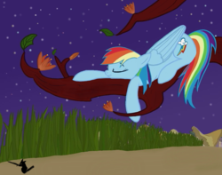 Size: 1006x794 | Tagged: safe, artist:bistmantis, rainbow dash, pony, g4, autumn leaves, eyes closed, grass, leaves, mountain, mountain range, night, night sky, sky, sleeping, starry night, stars, tree, tree branch, watermark