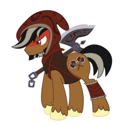 Size: 3000x3006 | Tagged: safe, artist:cxfantasy, oc, oc only, oc:wild axe, earth pony, pony, axe, barbarian, battle axe, high res, hood, male, simple background, solo, stallion, transparent background, weapon