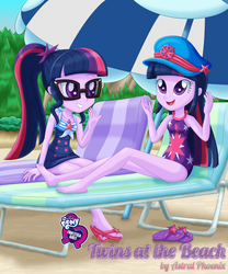 Size: 3000x3600 | Tagged: safe, artist:lifesharbinger, sci-twi, twilight sparkle, human, equestria girls, equestria girls series, g4, barefoot, beach, beach chair, beach umbrella, chair, clothes, cute, cutie mark on clothes, equestria girls logo, fanfic, fanfic art, fanfic cover, feet, female, geode of telekinesis, high res, magical geodes, open mouth, request, sand, sandals, self paradox, sitting, sleeveless, swimsuit, twiabetes, twolight