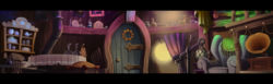 Size: 3510x1080 | Tagged: safe, composite screencap, edit, edited screencap, screencap, g4, my little pony: the movie, bottle, capper's room, chair, cupboard, curtains, door, gear, panorama, plate, record player, scenery, table